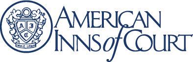 Logo of the American Inns of Court featuring a detailed crest with the initials “AIC” and the motto “Jus et Libertas,” next to the organizations name in elegant, blue serif lettering.