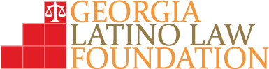 Logo for the Georgia Latino Law Foundation featuring red squares, a white justice scale icon, and the organizations name in orange and brown text.