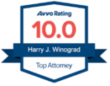 Avvo Rating badge displaying a score of 10.0 with the name Harry J. Winograd and the title Top Attorney on a blue and white shield design.