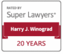 Badge reads: Rated by Super Lawyers. Harry J. Winograd. 20 Years. Gray and red text on a white background with a red banner highlighting the name.