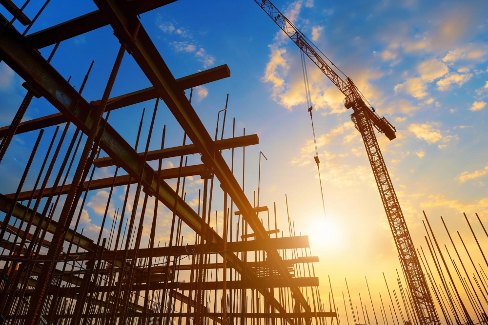 Steel framework and rebar of a building under construction with a large crane and a bright sunrise or sunset sky in the background.
