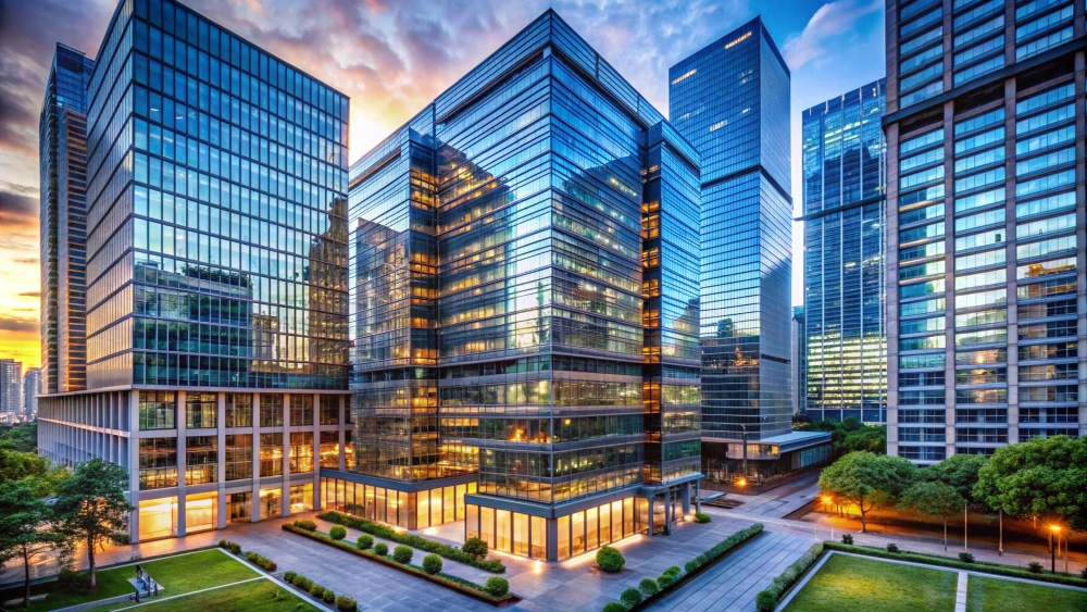 Modern glass office buildings reflect sunset colors, surrounded by green lawns and trees, with city skyscrapers in the background and a vibrant sky overhead—creating an ideal setting for a commercial real estate attorney Atlanta professionals would appreciate.