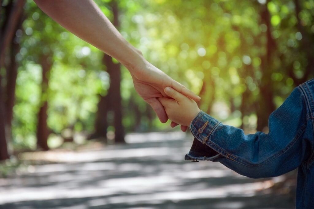 An adult holding hands with a child wearing a blue jacket, walking outdoors on a sunlit, tree-lined path.